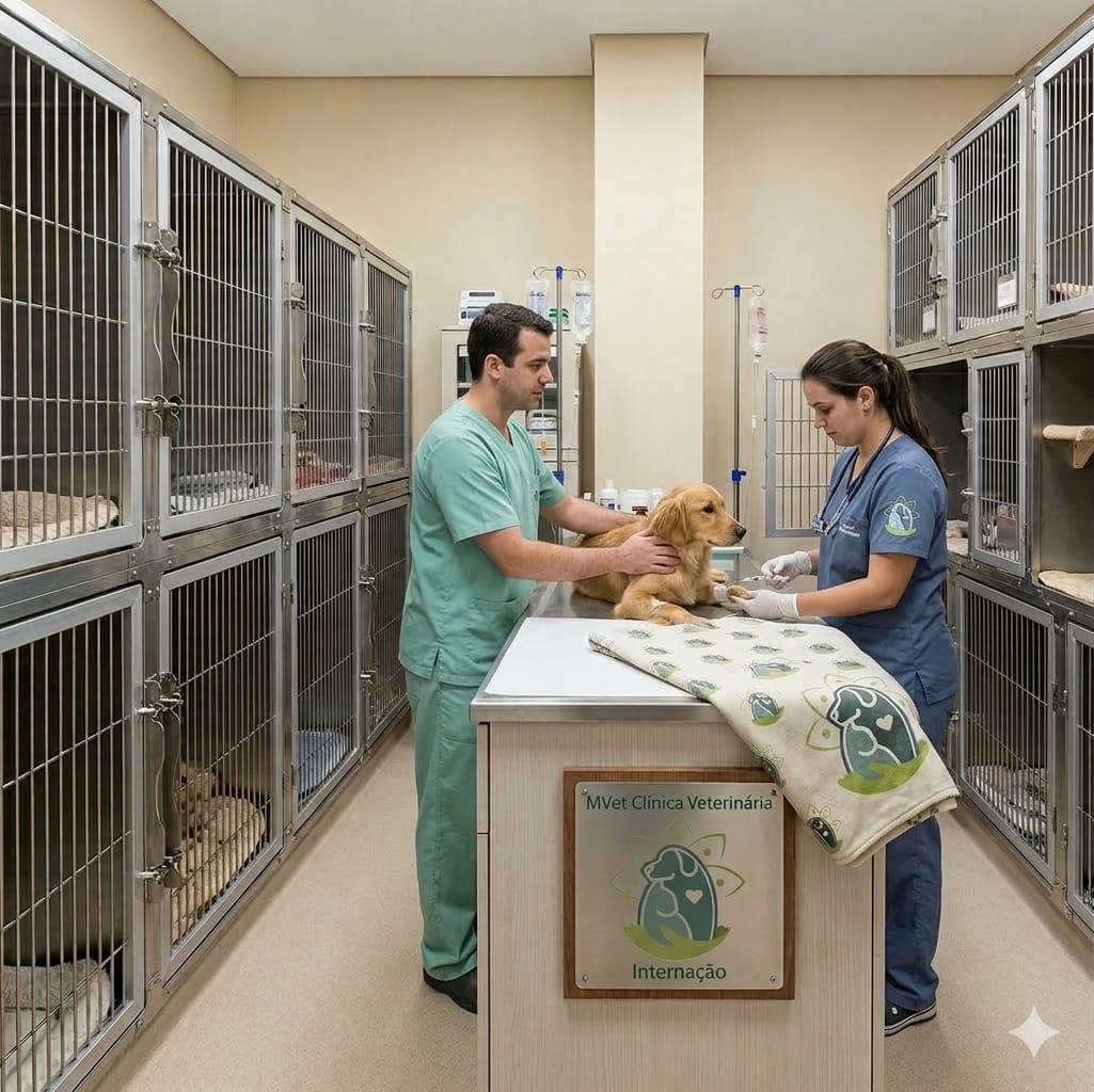 Sala de internação da Mvet Clínica Veterinária em São Bernardo do Campo, com equipe veterinária atendendo um cão golden retriever